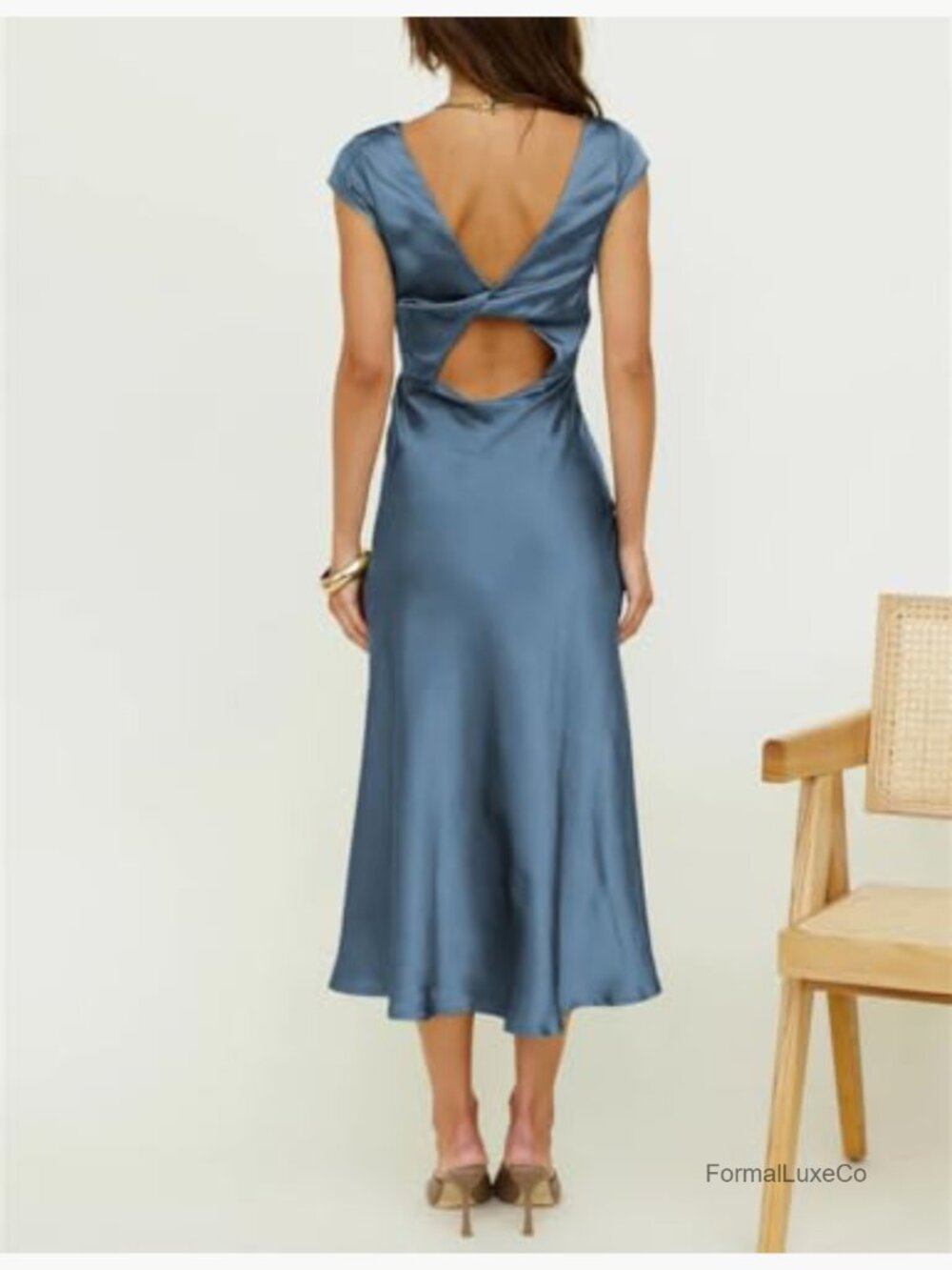 Satin Backless Cap Sleeve Midi Dress Cowl Neck Slit Cocktail - Picture 2 of 7